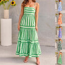 Summer Striped Printed Suspender Long Dress With Pockets