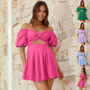 Sexy Off-shoulder Lantern-sleeve Pleated Dress Summer Fashion Short