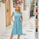 Summer Sleeveless Dress With Pockets Waist Lace-up Slits