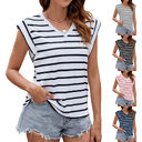 Fashion Stripe Print V-neck Short-sleeved T-Shirt Summer Loose
