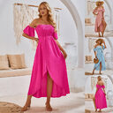 Sexy Off-shoulder Slit Dress Summer Fashion Pleated Ruffle
