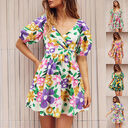 Flowers Print V-Neck Lantern-sleeve Dress Y2K Summer Vacation