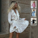 Fashion V Neck Pleated Ruffle Long Sleeve Dress