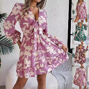 New Floral Printed V-Neck Long Sleeve Dress Fashion