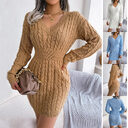 Solid Color V-Neck Long Sleeve Knit Dress Ins