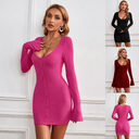 Fashion Single-breasted U-neck Long-sleeved Dress Sexy Slim Hip-hugging