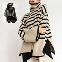 Fashion Striped Turtleneck Sweater Casual Loose Slit Design