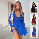 Sexy Ruffled V-neck Lace-up Long-sleeved Dress Fashion Y2K