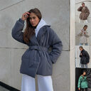 Winter Lapel Waisted Cotton Coat Fashion Solid Color