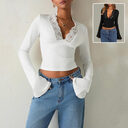 Slim V-neck Lace T-Shirt Ins Fashion Trumpet Sleeve