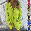 2pcs Loose Long-sleeved Shirt Suit With Lapel Button