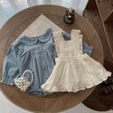 Infant Single-breasted Long Sleeve Small Plaid Romper Sling