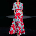 Summer V-neck Split Short-sleeved Dress Fashion Flower Print