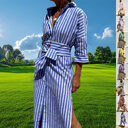 Striped Shirt Dress With Belt Fashion Half-sleeved Lapel