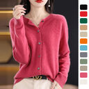 Fashion Merino Wool Cardigan Sweater Women O-Neck Long-sleeve