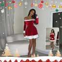 Women's Christmas Costume Santa Dress Plush Trim Boat-Neck
