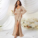 Sequined V-neck Long Sleeve High Slit Slim Fishtail