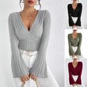 Women's Autumn And Winter Rib Sunken Stripe V-neck