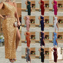 Elegant Sequined Shoulder Split Solid Color Dress Slim