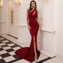 Wine Red Annual Meeting Dress Sleeveless One-shoulder Solid