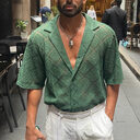 Fashion Mens Clothing Hollow-out Breathable Short-sleeved Lapel Casual