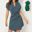 V-neck Short Sleeve Dress With Belt Summer Fashion