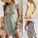 Summer V-neck Single-breasted Fly-sleeve Women's Shirt Dresses