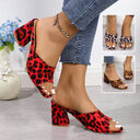 Leopard Square Toe Sandals Summer High-heeled Slippers Chunky