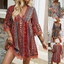 Bohemian Style V-neck Printed Dress Fashion Casual Loose
