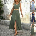 Summer Round-neck Sleeveless Split Dress With Button Design