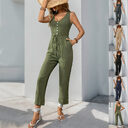 V-neck Sleeveless Jumpsuit With Belt And Pockets Summer