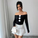3D Floral Off-the-shoulder Off-neck Slim-fit Long-sleeved T-shirt