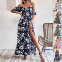 Ins Off-Shoulder Split Dress Summer Floral Print Suspender