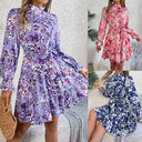 Standing Collar Floral Print Waist-controlled Long Sleeves Ruffled