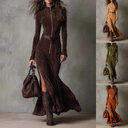Slim Zipper Dress Elegant Temperament Split Long-sleeved Dresses