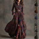 Ins Plaid Print Long-Sleeved Dress Fashion Pockets Collared