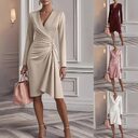 V Neck Folds Solid Color Slim-fit Long Sleeve