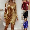 Elegant Sequins Design Long Sleeve Party Dress Women