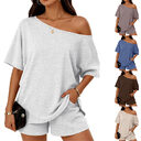 Womens 2-piece Fashionable Casual Set Slant-Neck Top