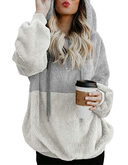 Women Casual Plush Hoodies Zipper Patchwork Hooded Drawstring