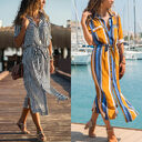 Stripe Shirt Women's Dress Spring Summer Chiffon V-neck