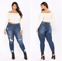 New large size women's hole dark blue jeans