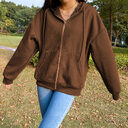 Brown Y2K Aesthetic Hoodies Women Zip Up Sweatshirt