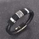 Fashion Black Braid Woven Leather Bracelet Titanium Stainless