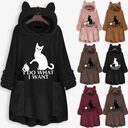 Hooded Pullover Cat Print Long Sleeved Reversible Velvet