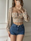 Women Small Floral Shirt Retro Square Collar Blouse
