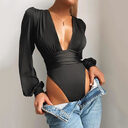 Women's sexy long-sleeved deep V waist pleated temperament