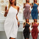 Solid Color Sleeveless Slanted Shoulder Irregular Tie Party