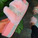 Women Bling Fluffy Slippers Fur Slides Platform Wedges