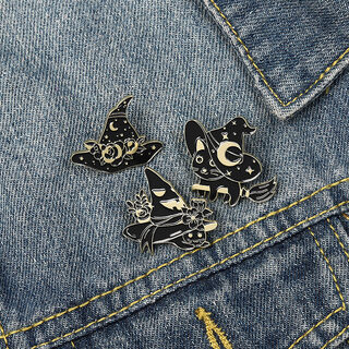 Punk Black Magic Cat Brooch Halloween Wizard Hat